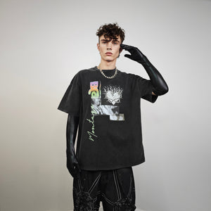 Graffiti heart t-shirt flame print tee cyberpunk top in grey