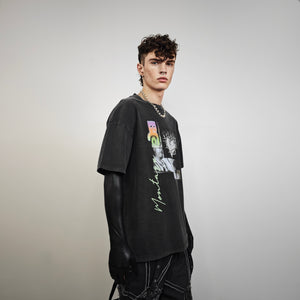 Graffiti heart t-shirt flame print tee cyberpunk top in grey