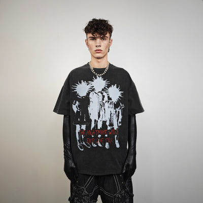 Dark aesthetic t-shirt punk print tee spiky hair top in grey