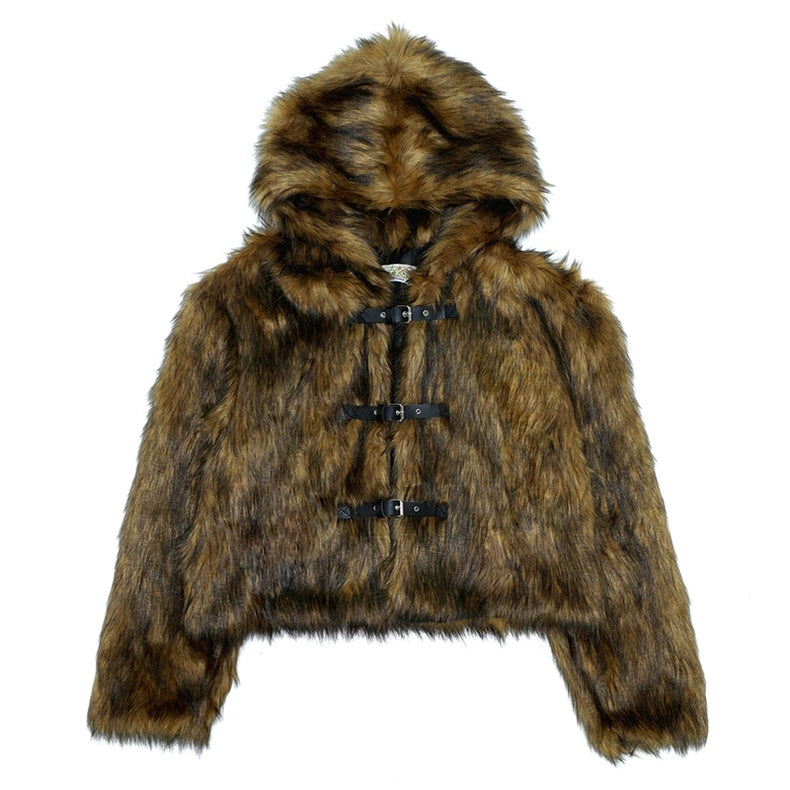 Brown faux fur hooded jacket buckle closure cropped fluffy bomber fuzzy rave coat Coachella pullover