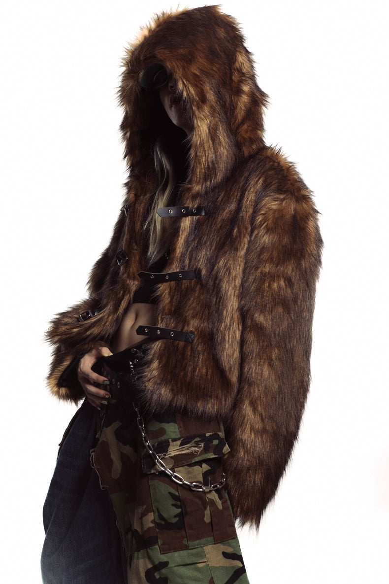Brown faux fur hooded jacket buckle closure cropped fluffy bomber fuzzy rave coat Coachella pullover
