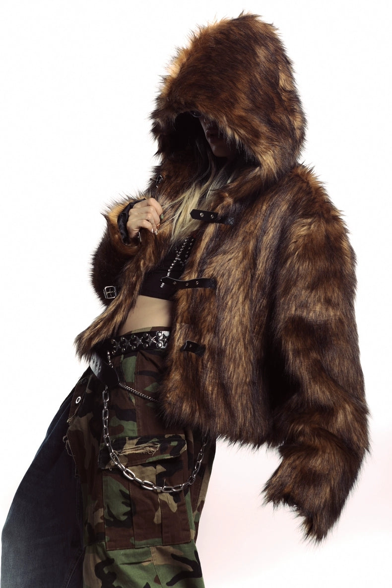 Brown faux fur hooded jacket buckle closure cropped fluffy bomber fuzzy rave coat Coachella pullover