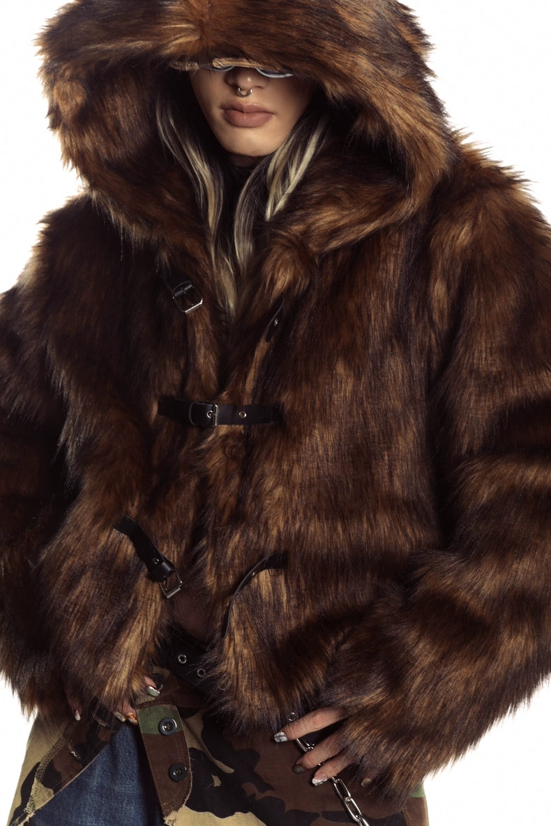 Brown faux fur hooded jacket buckle closure cropped fluffy bomber fuzzy rave coat Coachella pullover