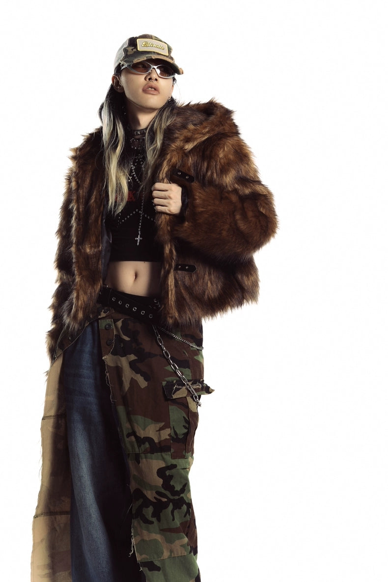 Brown faux fur hooded jacket buckle closure cropped fluffy bomber fuzzy rave coat Coachella pullover