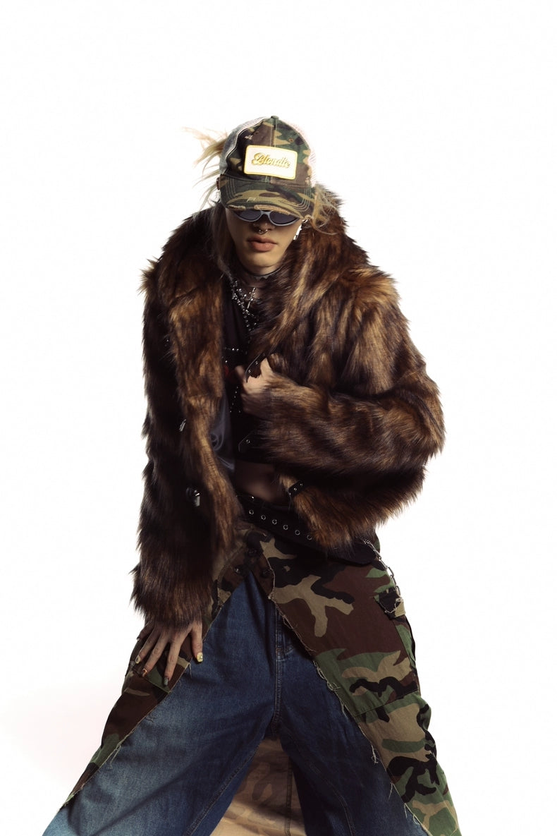 Brown faux fur hooded jacket buckle closure cropped fluffy bomber fuzzy rave coat Coachella pullover