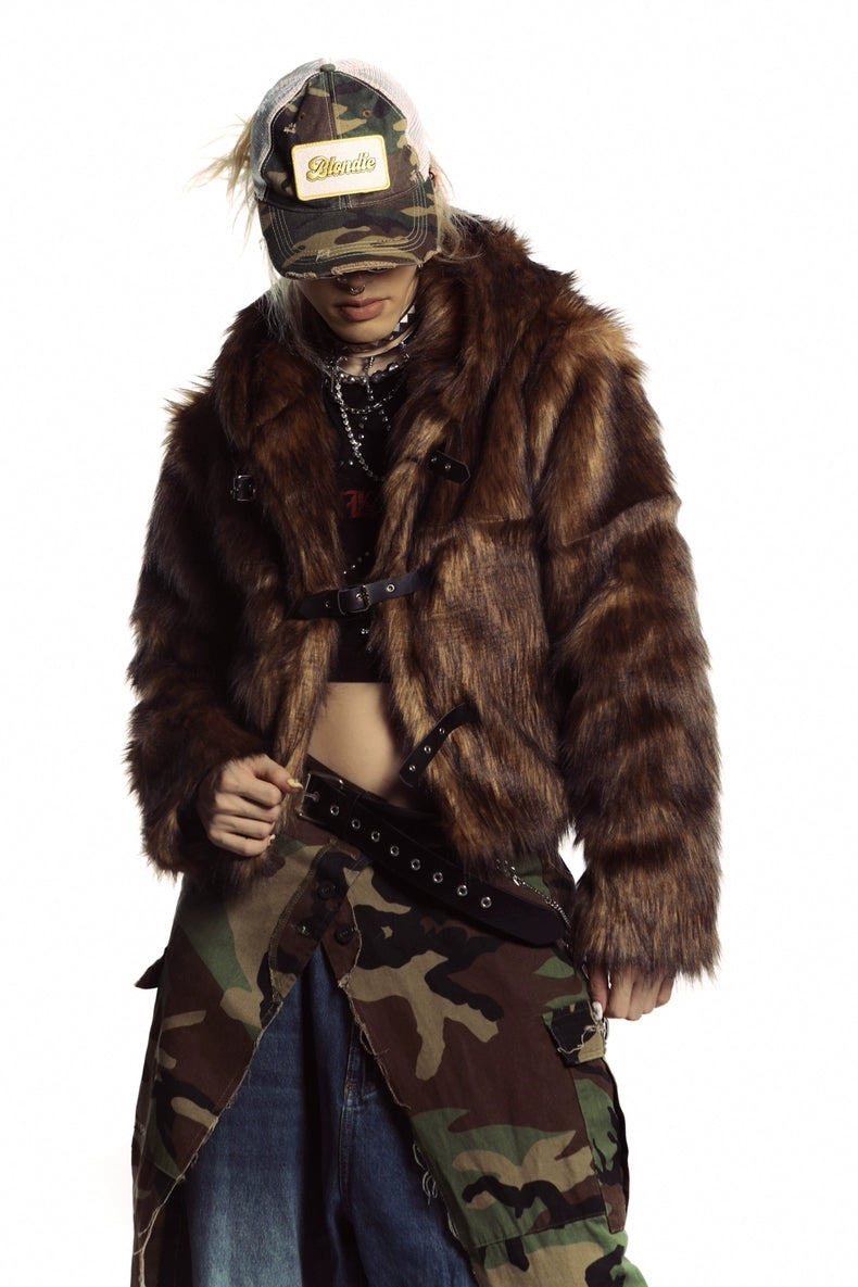 Brown faux fur hooded jacket buckle closure cropped fluffy bomber fuzzy rave coat Coachella pullover