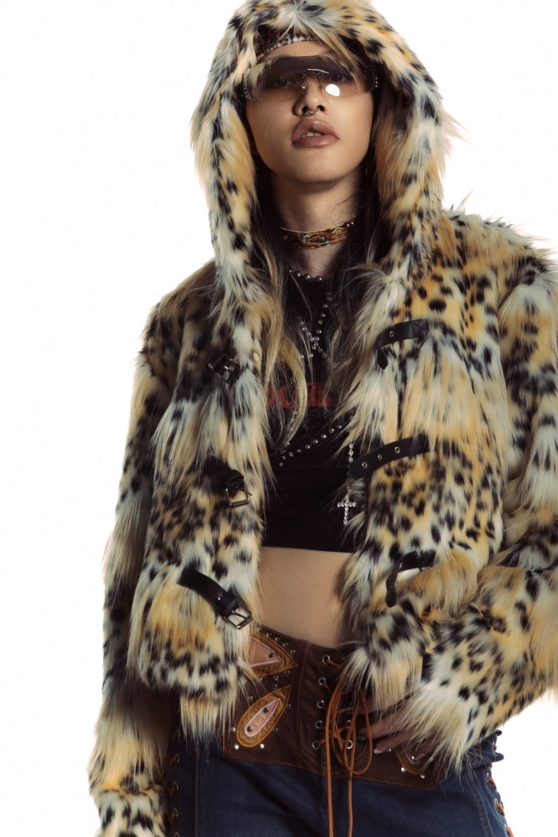 Animal print faux fur hooded jacket brown cropped bobcat bomber leopard fuzzy rave coat burning man cheetah pullover