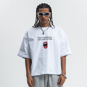 Valentines day t-shirt mouth print top y2k lovers tee in black