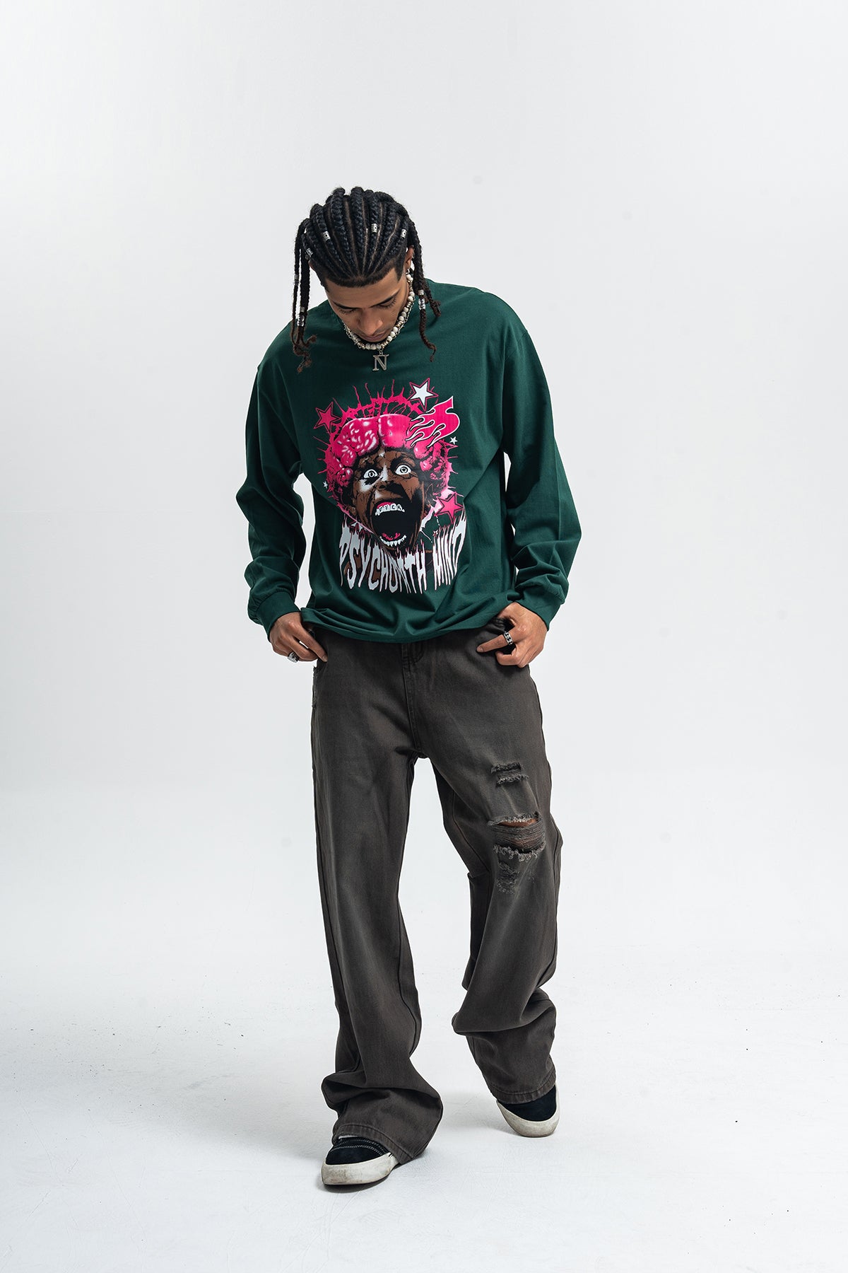 Psychopath slogan jumper long sleeve raver t-shirt grunge hip-hop top in brown