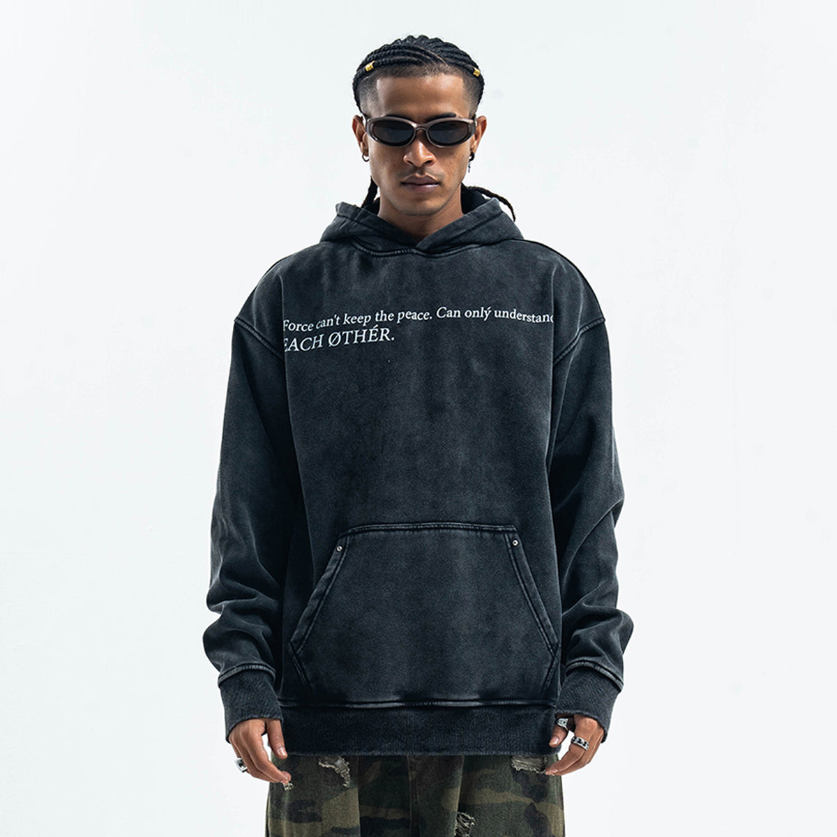 Peace slogan hoodie vintage wash anti war pullover retro jumper in acid grey