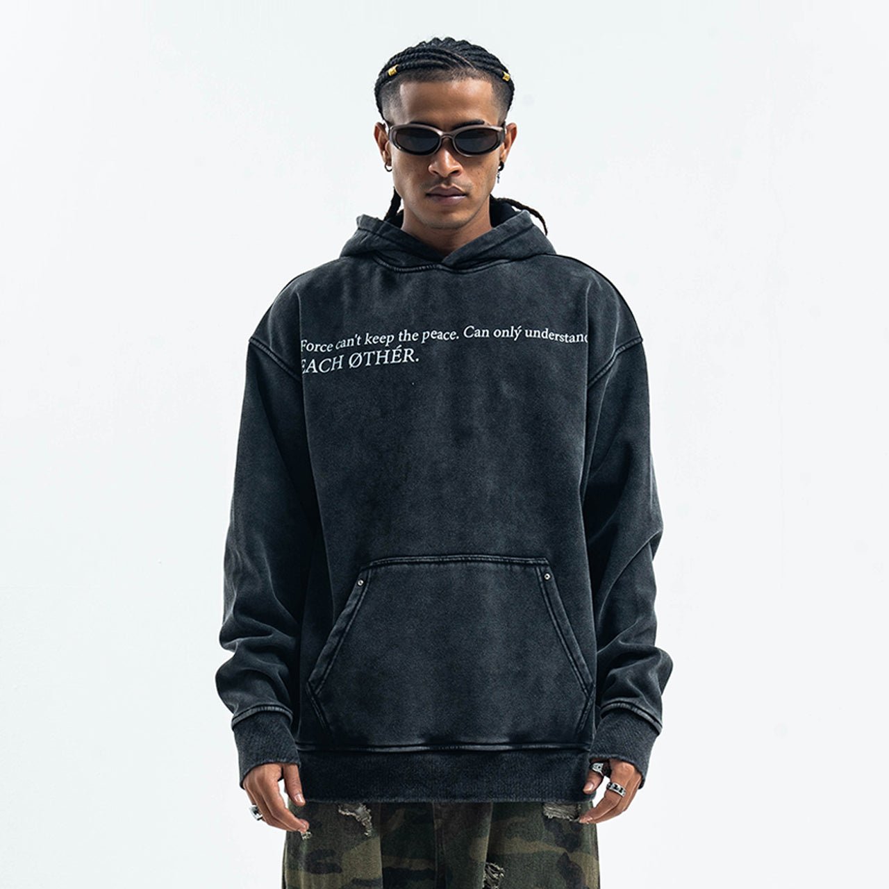 Peace slogan hoodie vintage wash anti war pullover retro jumper in acid grey