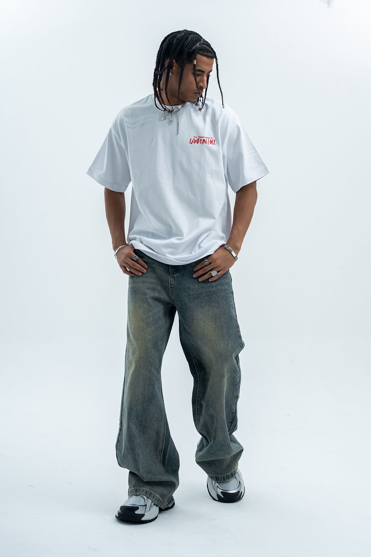 Retro movie t-shirt old cartoon top pistol print tee hip-hop jumper in White