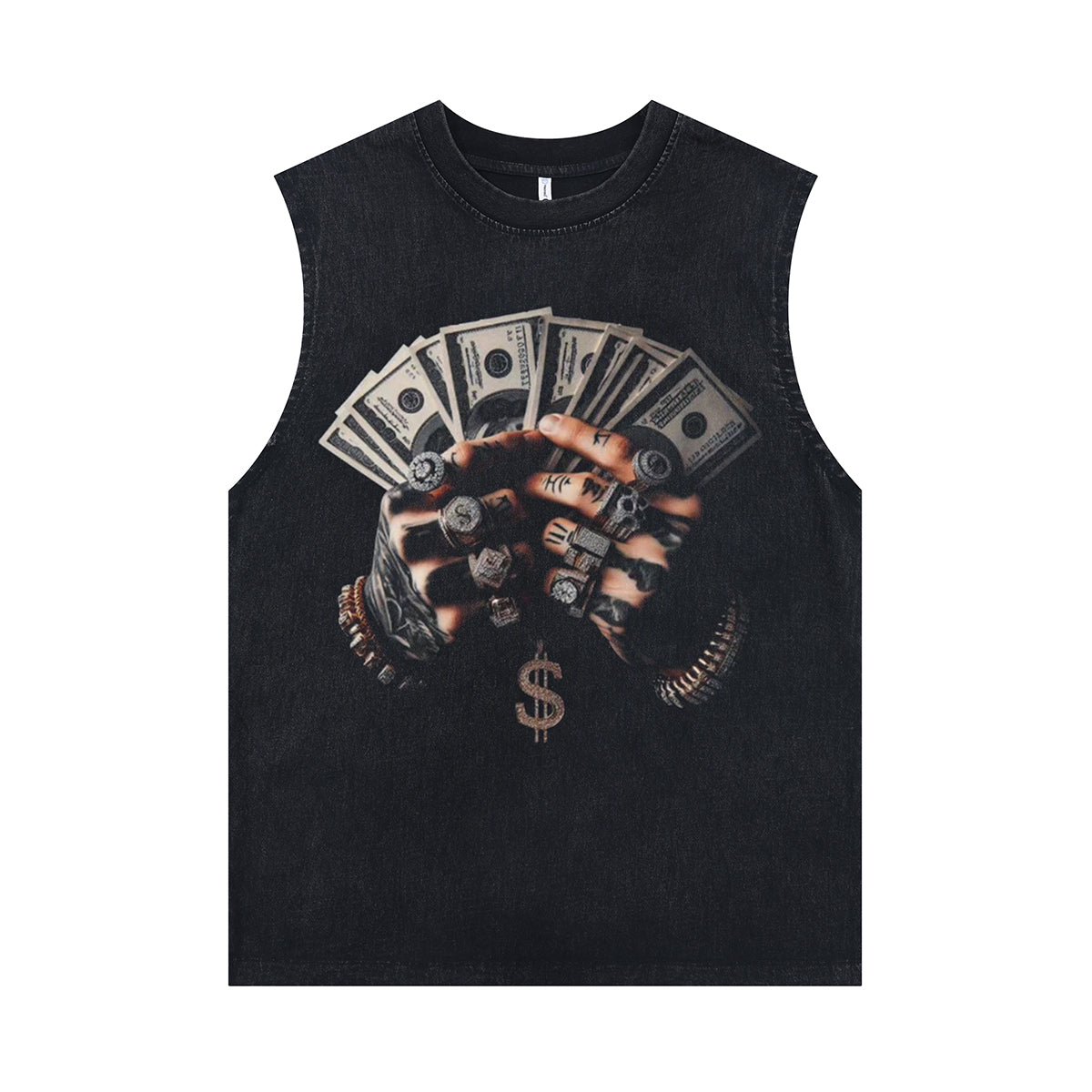 Hip-hop sleeveless t-shirt money print surfer vest 00s gangster tank top in acid wash black