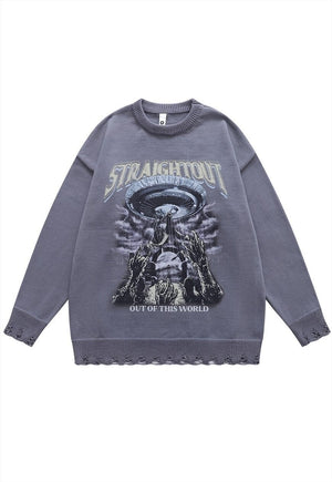 Alien zombie sweater creepy knit distressed jumper in grey