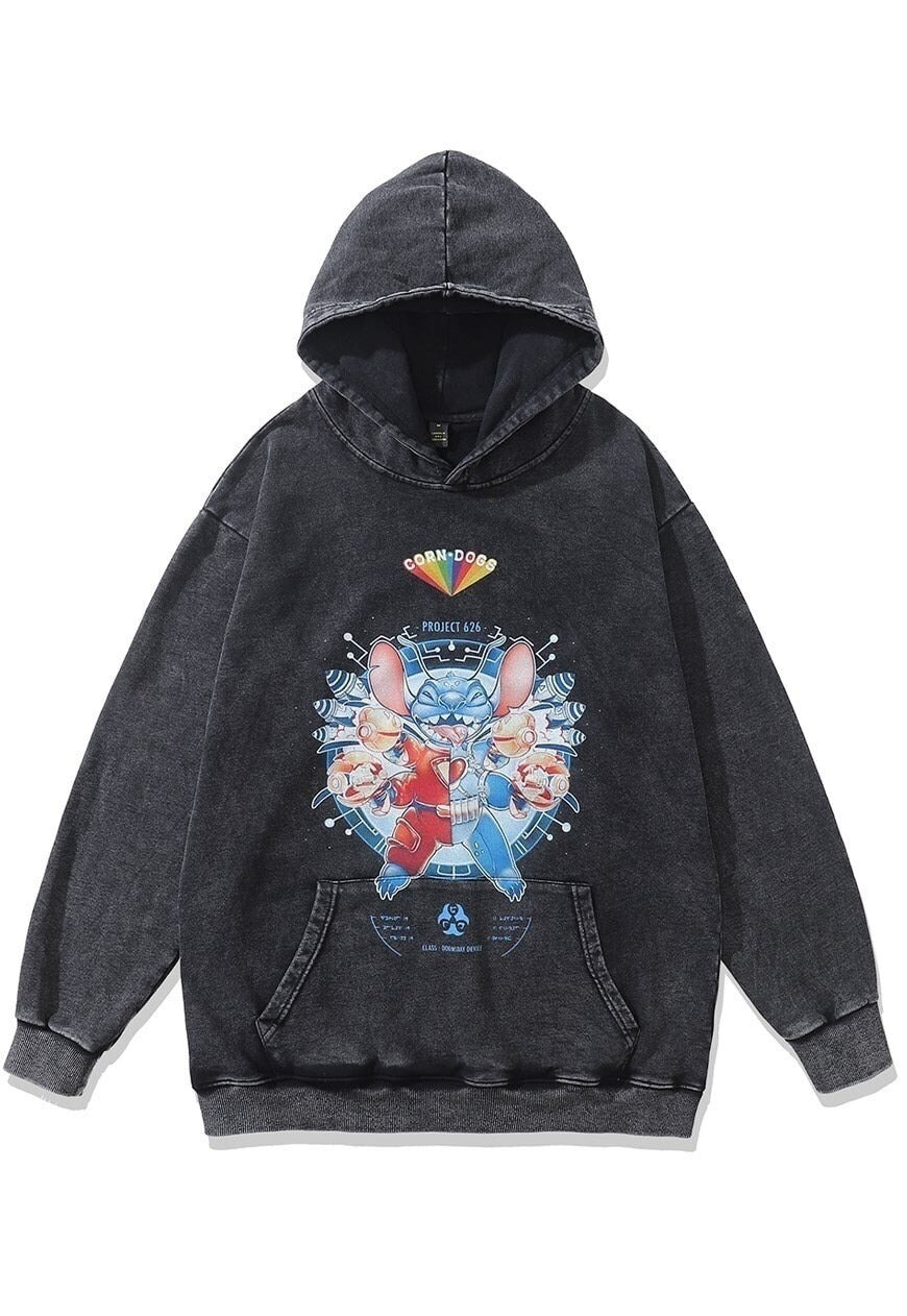 Stitch cartoon hoodie grunge cartoon pullover top acid grey