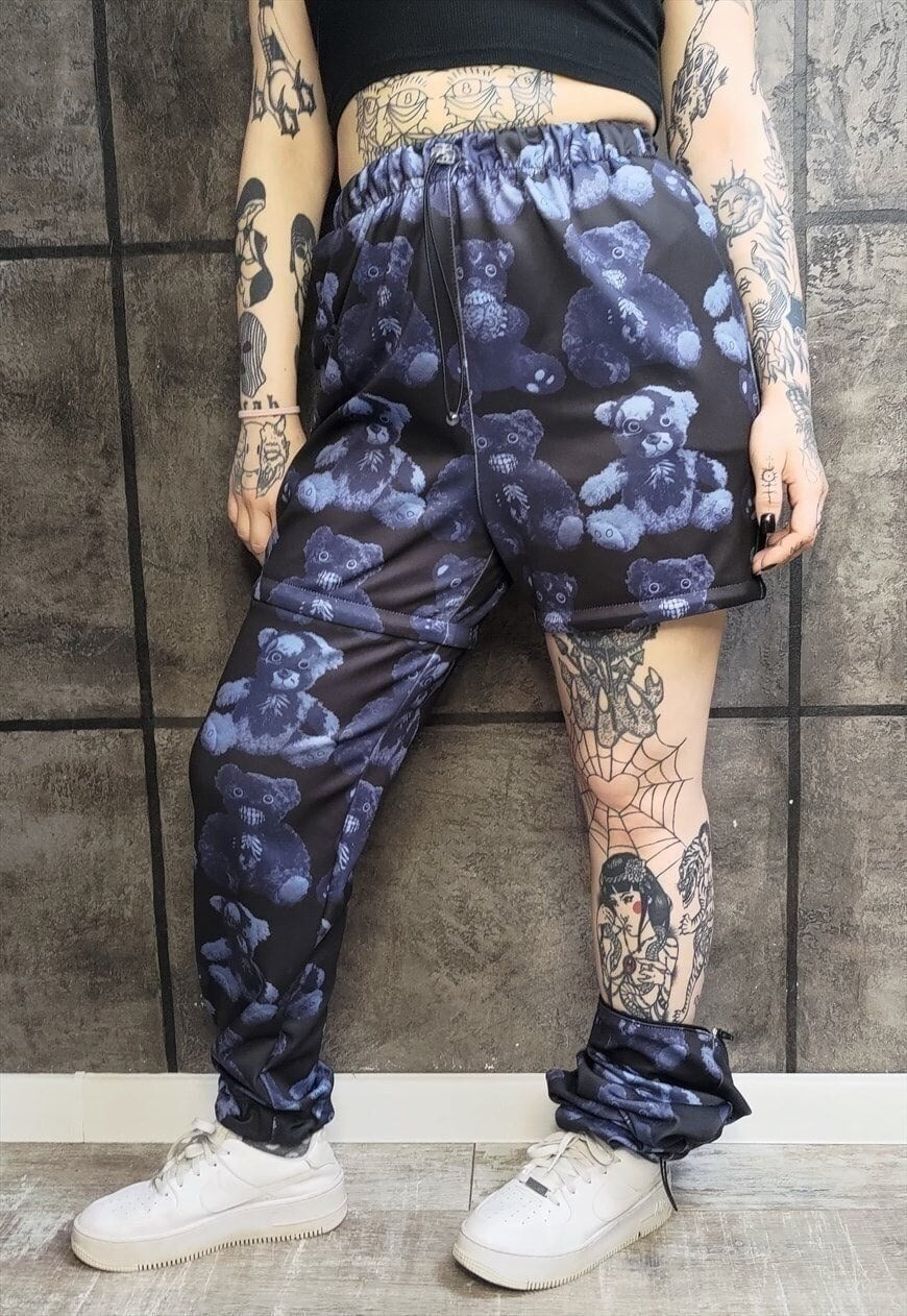 Detachable Goth joggers handmade shorts Teddy pants blue