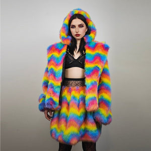 Rainbow faux fur coat cropped unicorn bomber carnival hoodie