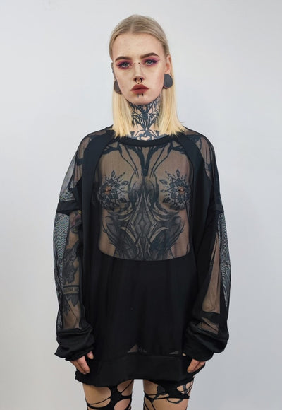 Sheer top transparent mesh jumper see-through long tee black