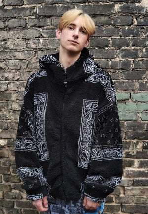 Paisley fleece bomber handmade detachable bandanna jacket