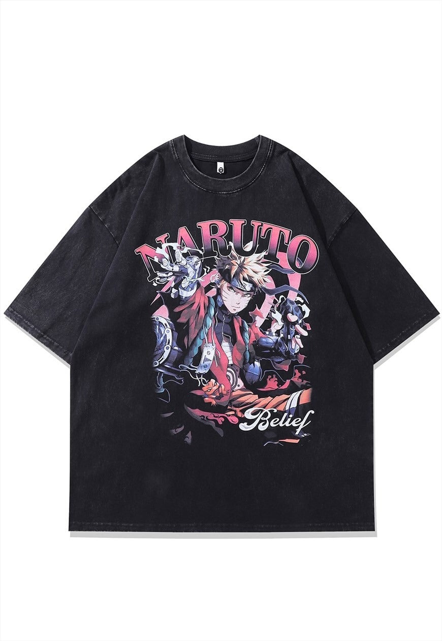 Anime t-shirt Japanese cartoon tee vintage top grey