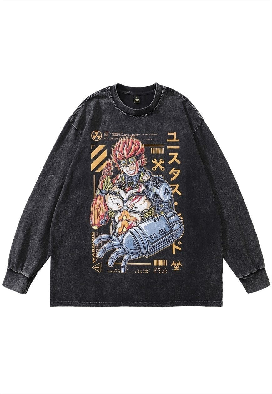 Anime t-shirt vintage wash Japanese cartoon top long tee