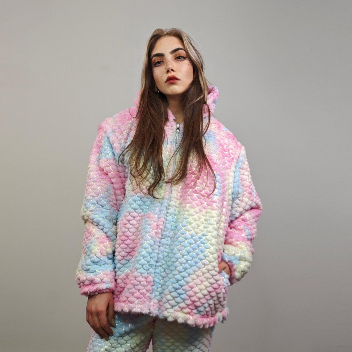 Tie-dye mermaid jacket blue pink reversible fleece hood faux fur bomber retro geometric coat burning man overcoat fluffy golden festival set