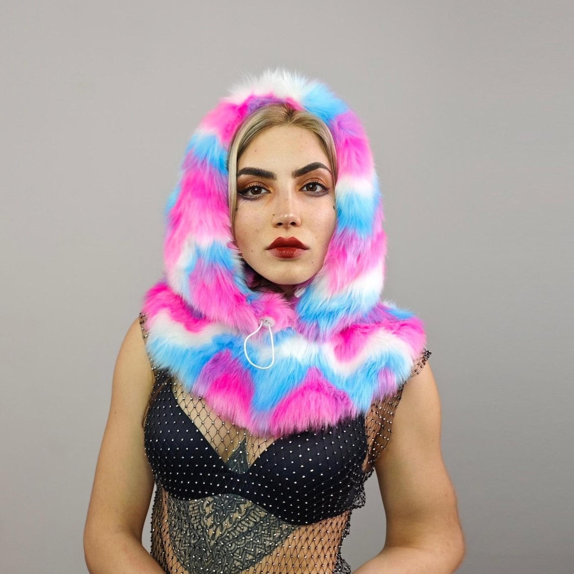Pink faux fur hood rainbow snood handmade hooded party hat all over fluffy rave fleece scarf burning man striped bucket unicorn headwear