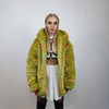 Checked faux fur hooded jacket geometric bomber bright raver coat fluffy winter fleece festival puffer neon burning man hoodie in yellow