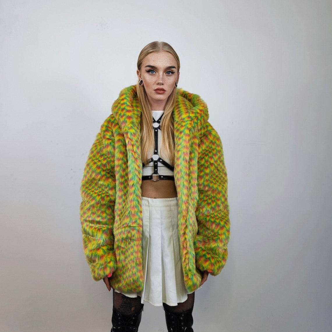 Checked faux fur hooded jacket geometric bomber bright raver coat fluffy winter fleece festival puffer neon burning man hoodie in yellow