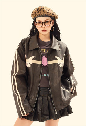 Cropped patchwork varsity jacket faux leather preppy bomber