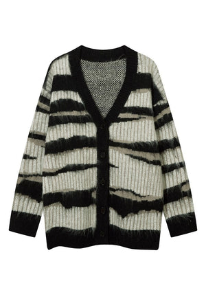 Fluffy striped cardigan fuzzy zebra jumper knitted top grey