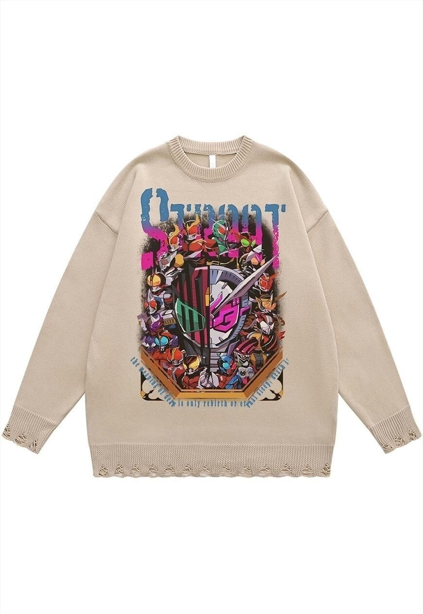 Robot sweater knitted anime jumper ripped top in beige