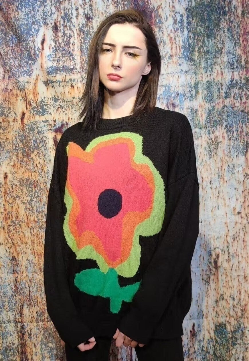 Daisy knitwear sweater floral knitted top y2k jumper Black