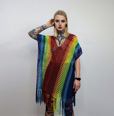 Rainbow mesh top Gay pride sweater rave poncho transparent jumper LGBT see-through blouse carnival sweatshirt crochet t-shirt in multi