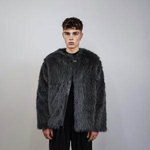 Grey faux fur jacket luxury collarless coat faux leather lapel bomber grunge fleece imitation overcoat short fluffy catwalk fox fur peacoat