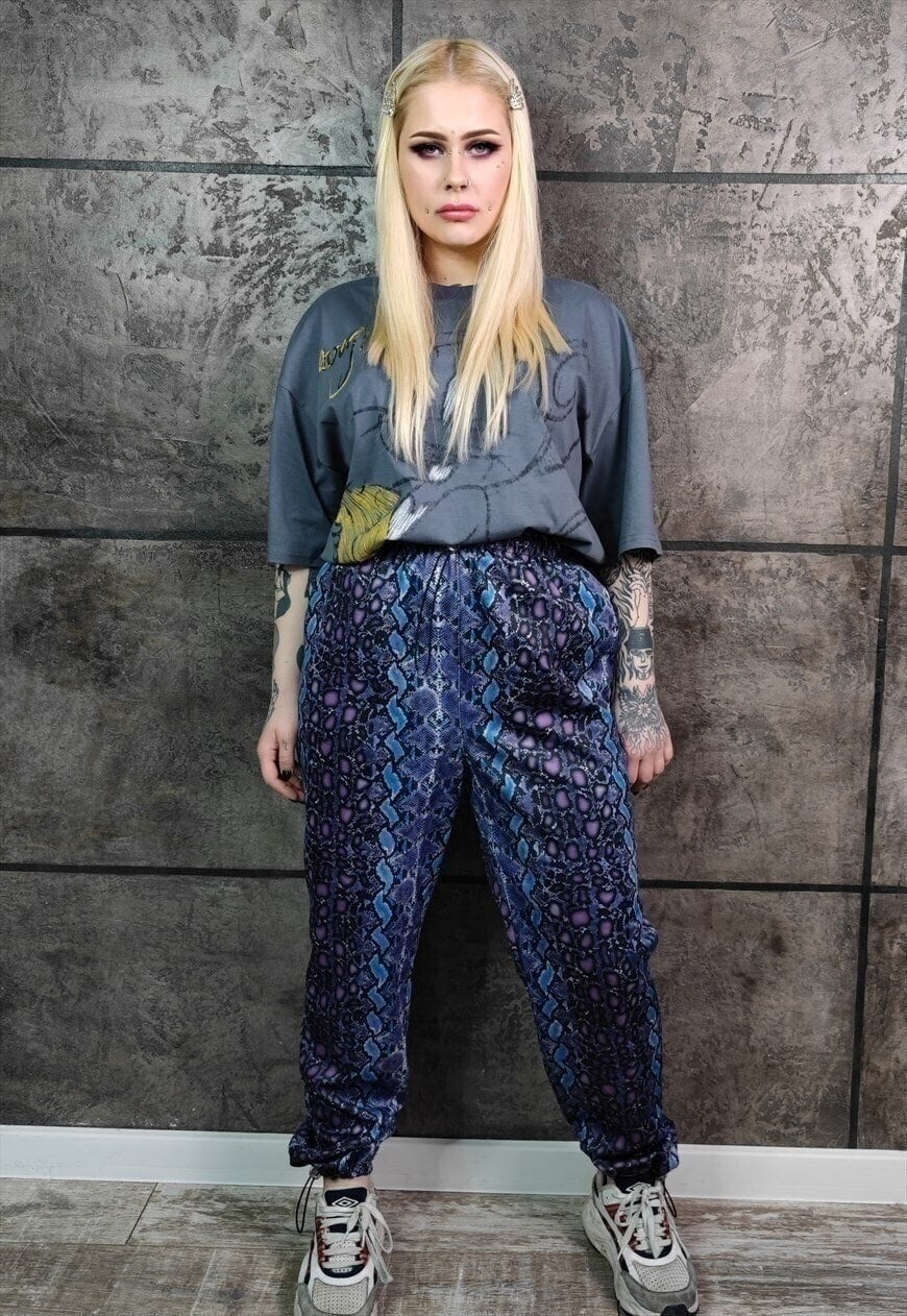 Snake print joggers handmade Tie-dye python overalls blue
