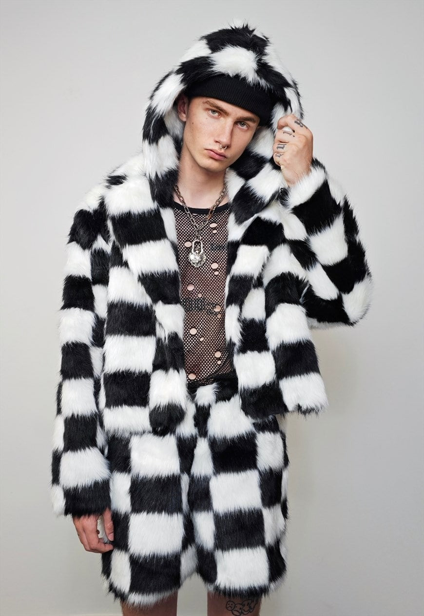 SKA check trench coat faux fur cropped plaid hooded jacket