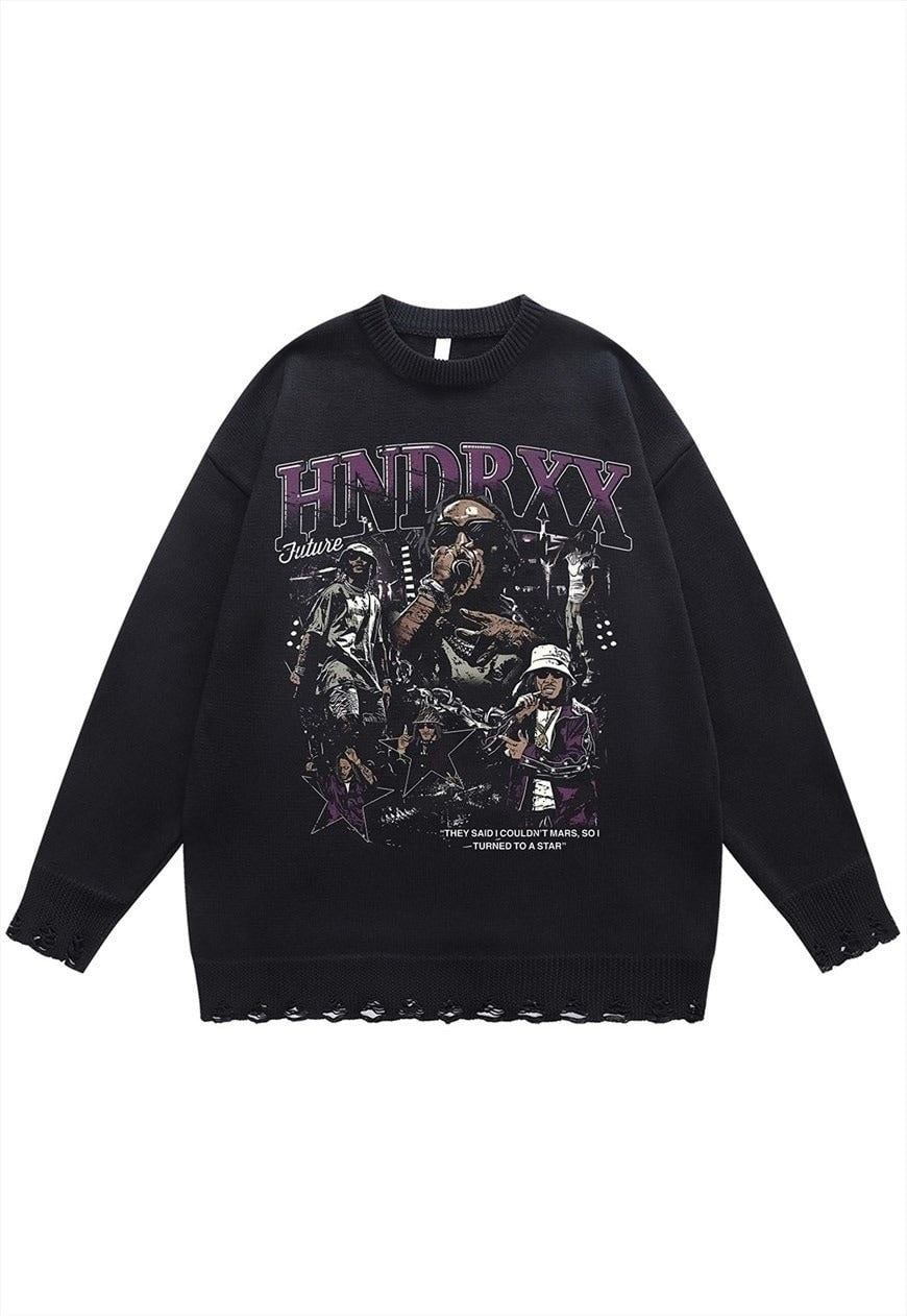 Future sweater knit distressed jumper rapper print top black