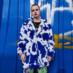 Cow fleece coat handmade 2 in1 animal print jacket in blue