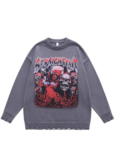 Devil print sweater ripped jumper sheer Gothic top in grey