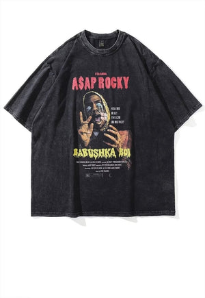 Rapper print t-shirt hip-hop tee ASAP Rocky top in grey