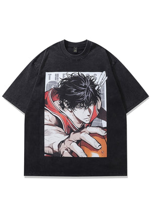 Anime t-shirt Japanese cartoon tee retro top in vintage grey