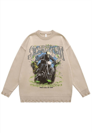 Biker sweater motorcycle jumper ripped knitted skeleton top