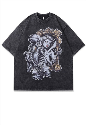 Gothic t-shirt skeleton print tee retro top in vintage grey