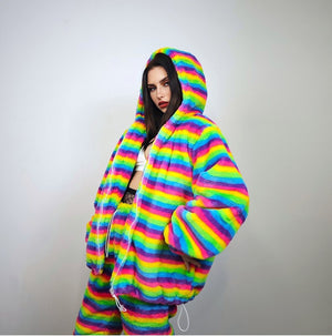 Striped rainbow fleece jacket psychedelic hood festival glitch rave bomber carnival overcoat LGBT jumper gay pride pullover burning man top