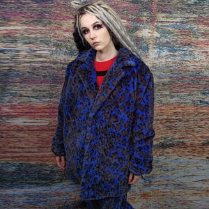 Leopard fleece coat handmade 2in1 tie-dye trench jacket blue