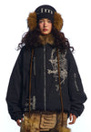 Gothic parka jacket faux fur collar embroirdered punk bomber