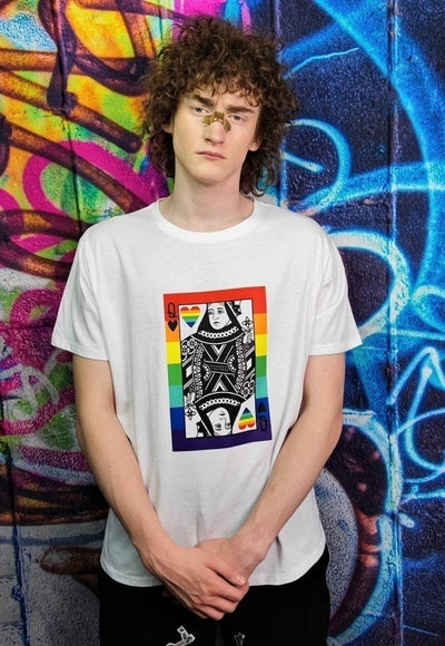 Gay Queen t-shirt LGBT rainbow heart tee Pride top in white