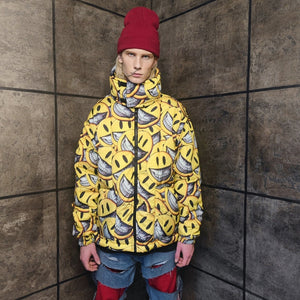 Emoji bomber handmade detachable smile print puffer reversible raver jacket grunge devil horn coat two sided jacket in yellow