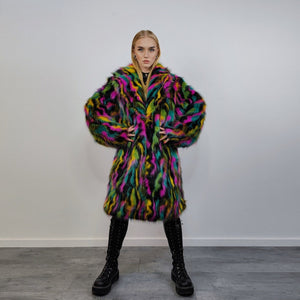 Faux fur long striped neon coat zebra trench raver bomber fluffy tie-dye winter fleece festival jacket burning man going out coat black pink